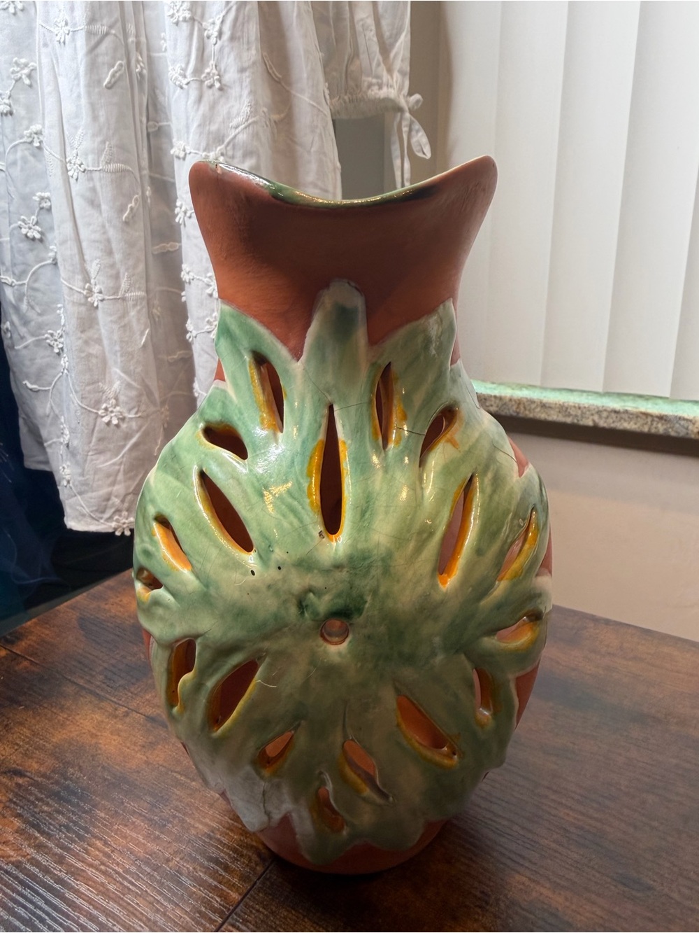 Vintage Terracotta Ceramic Vase with Green Glaze Cutout Design